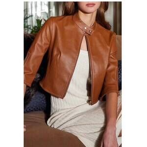 NEW SUSAN BENDER stretch leather crop zip sleeve moto cross jacket in saddle